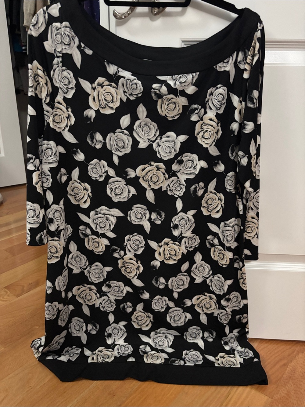 White House Black Market Black and Cream Rose Print Blouse